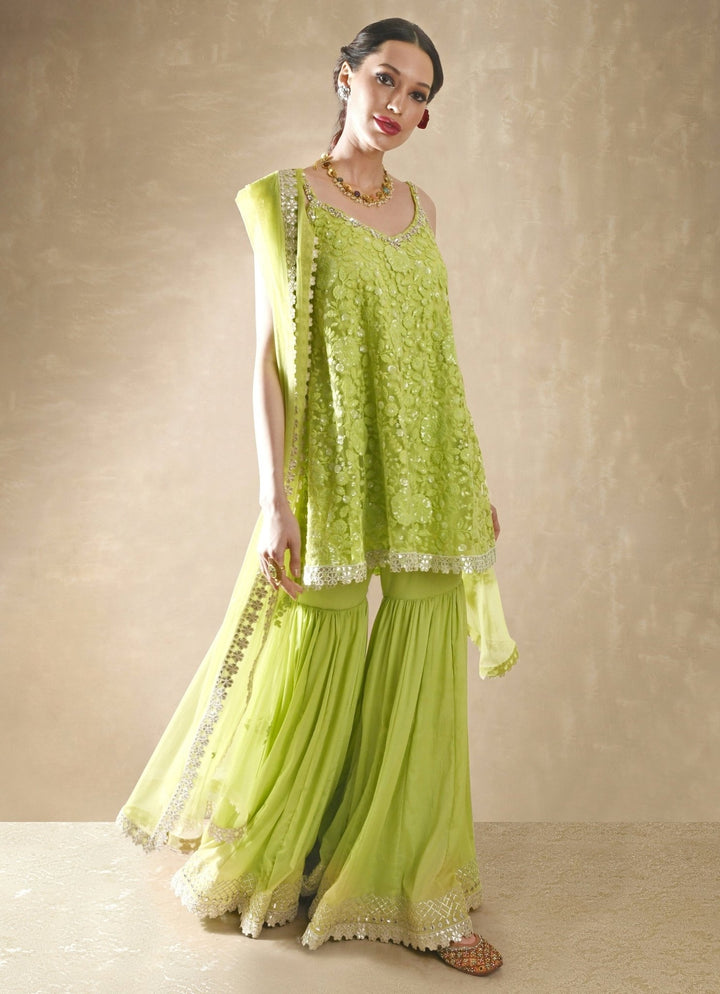 Lime Green Georgette Kurta Sharara Set Renee Label - Fabilicious Fashion
