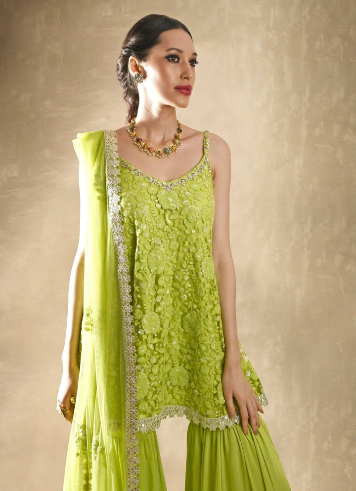 Lime Green Georgette Kurta Sharara Set Renee Label - Fabilicious Fashion