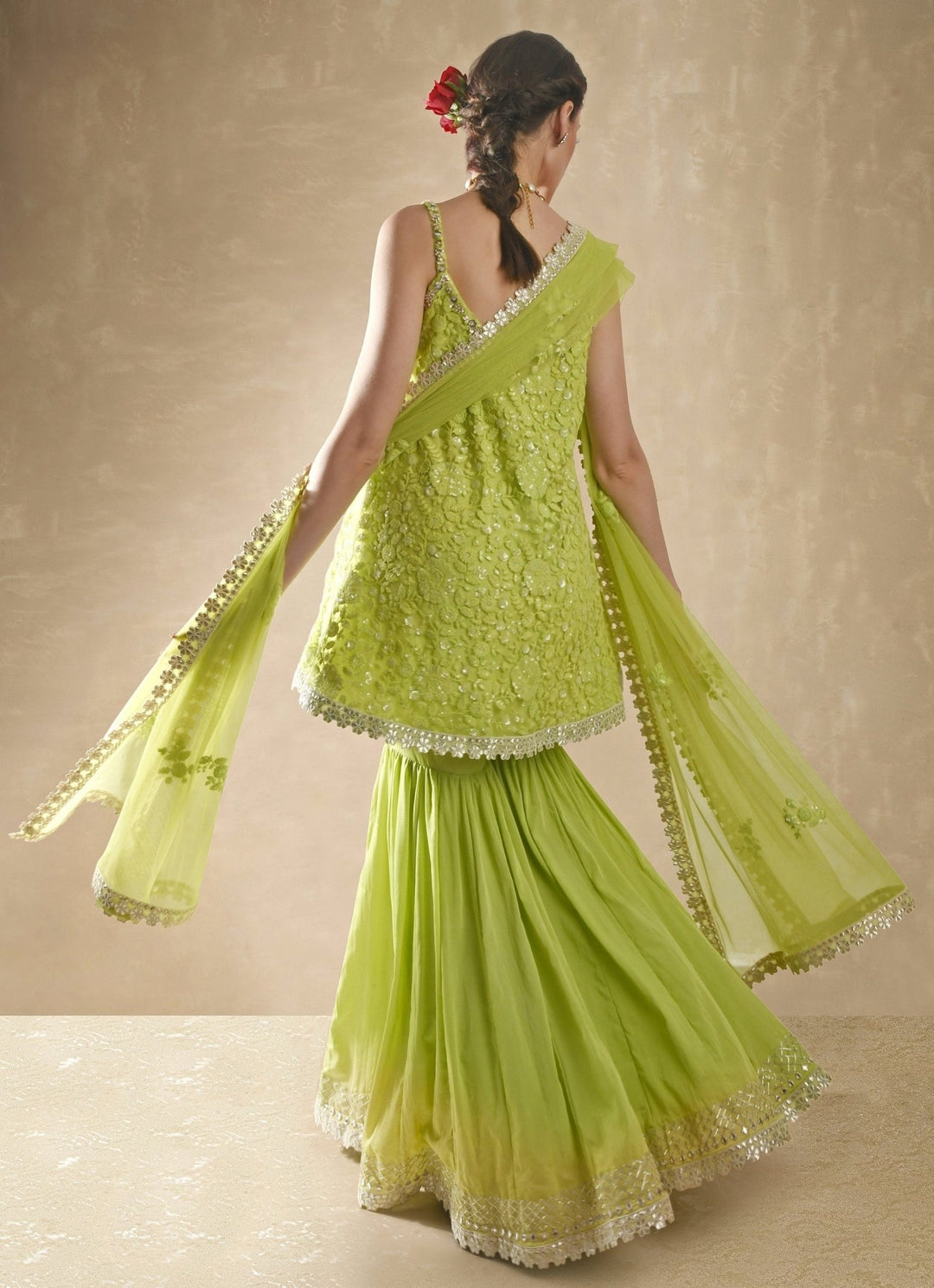 Lime Green Georgette Kurta Sharara Set Renee Label - Fabilicious Fashion