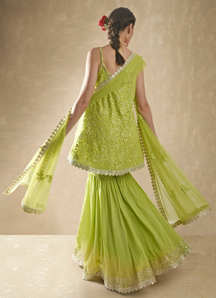 Lime Green Georgette Kurta Sharara Set Renee Label - Fabilicious Fashion