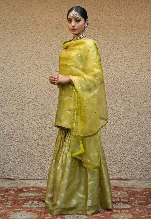 Lime Green Jaal Weaved Silk Kurta Sharara Set Sobariko - Fabilicious Fashion
