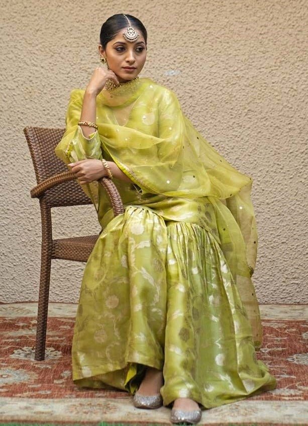 Lime Green Jaal Weaved Silk Kurta Sharara Set Sobariko - Fabilicious Fashion