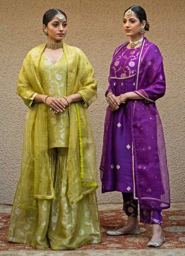 Lime Green Jaal Weaved Silk Kurta Sharara Set Sobariko - Fabilicious Fashion