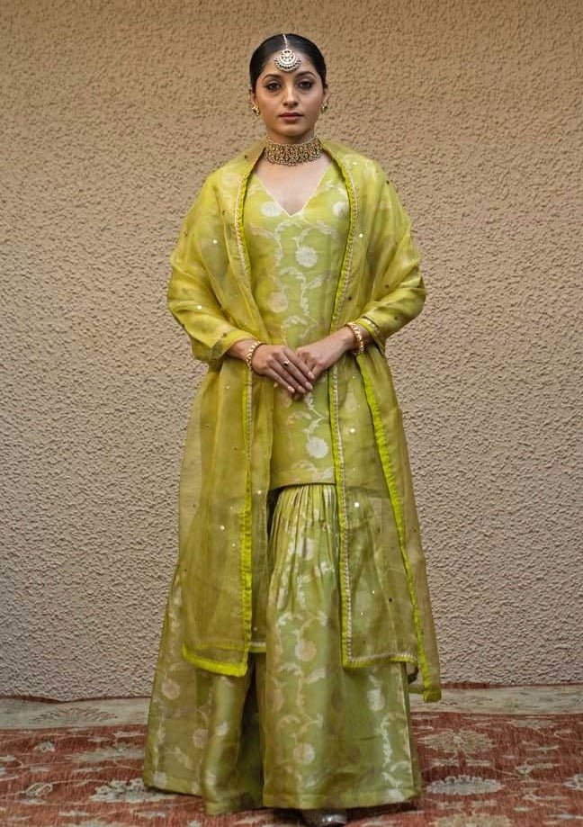 Lime Green Jaal Weaved Silk Kurta Sharara Set Sobariko - Fabilicious Fashion