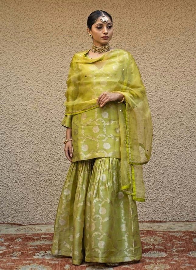 Lime Green Jaal Weaved Silk Kurta Sharara Set Sobariko - Fabilicious Fashion