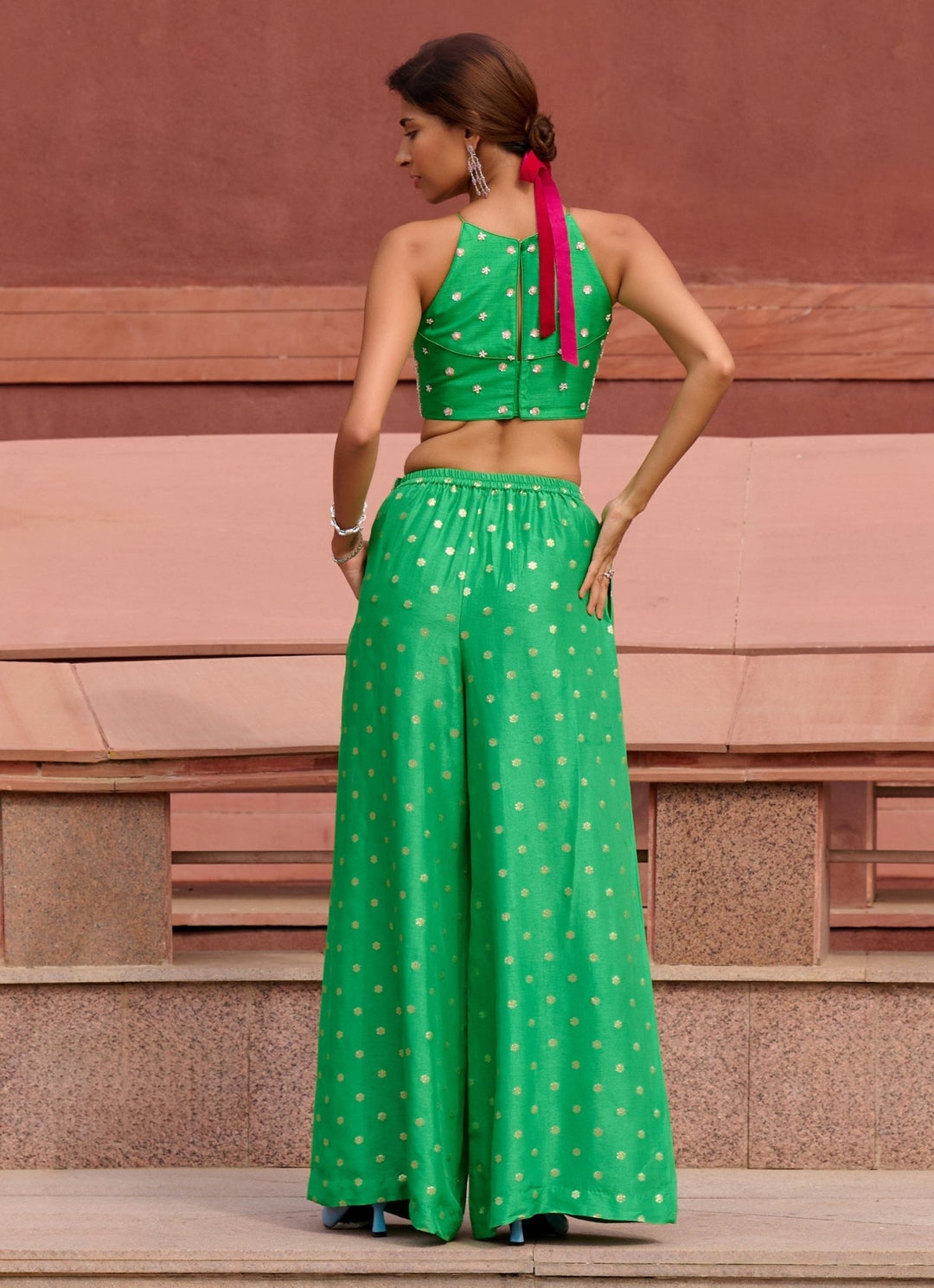 Lime Green Jamewar Palazzo Pant set Chamee and Palak - Fabilicious Fashion