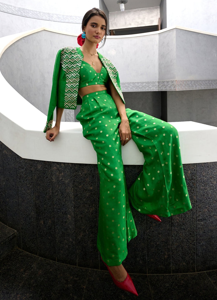 Lime Green Jamewar Pant Jacket set Chamee and Palak - Fabilicious Fashion
