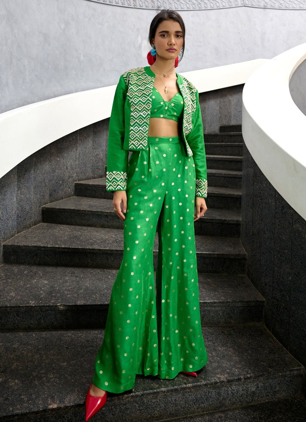 Lime Green Jamewar Pant Jacket set Chamee and Palak - Fabilicious Fashion