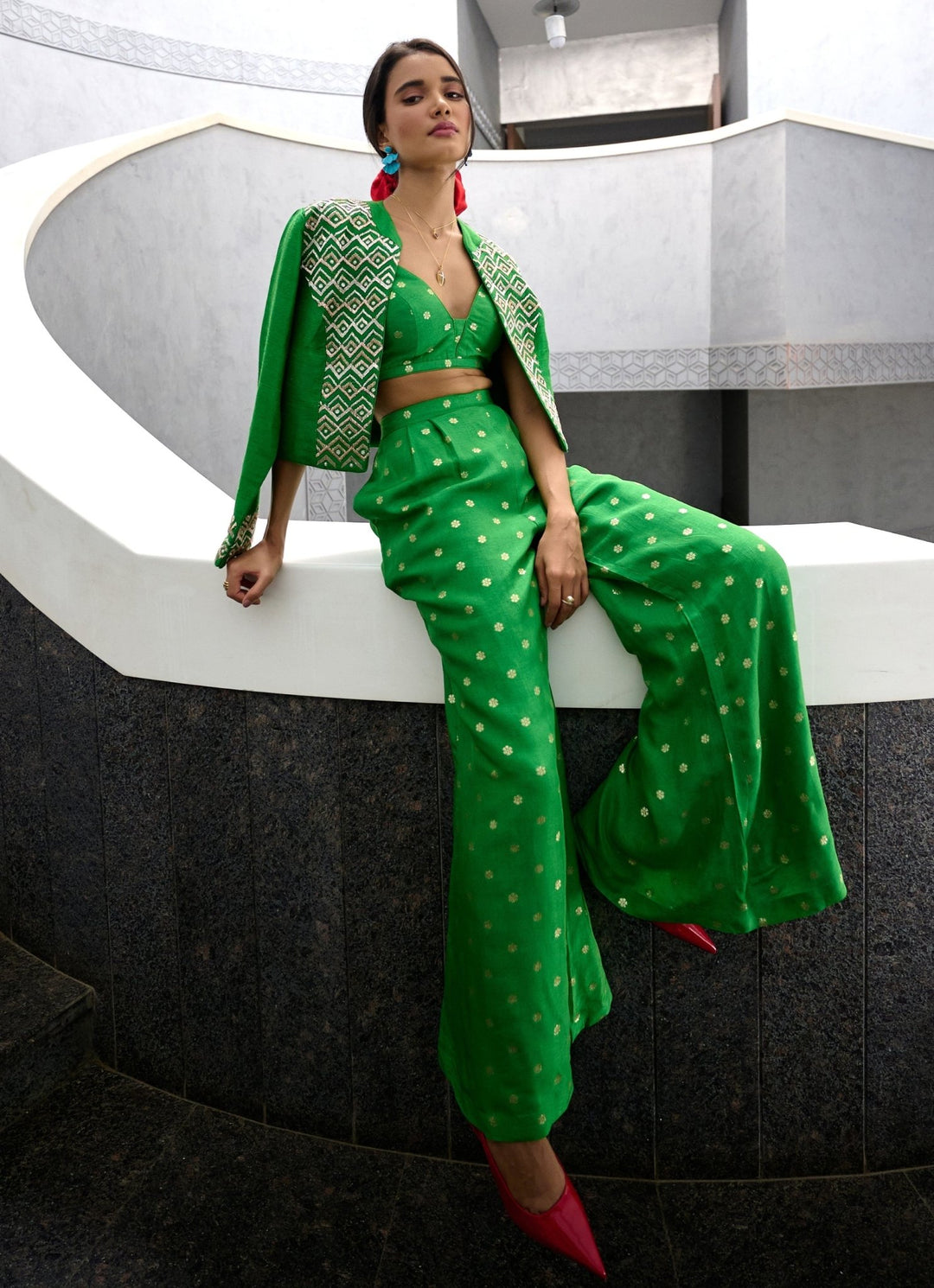 Lime Green Jamewar Pant Jacket set Chamee and Palak - Fabilicious Fashion