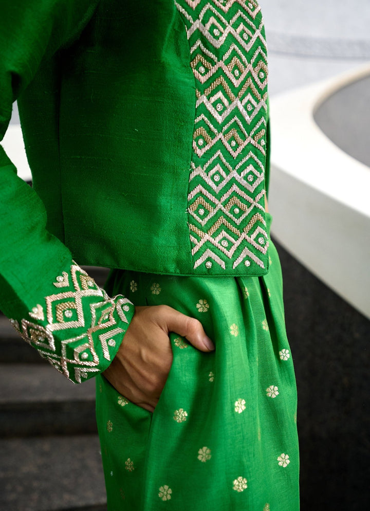 Lime Green Jamewar Pant Jacket set Chamee and Palak - Fabilicious Fashion