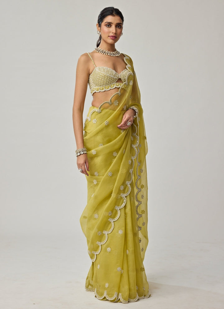 Lime Green Mirror And Pearl Embroidered Organza Saree Set Vvani by Vani Vats - Fabilicious Fashion