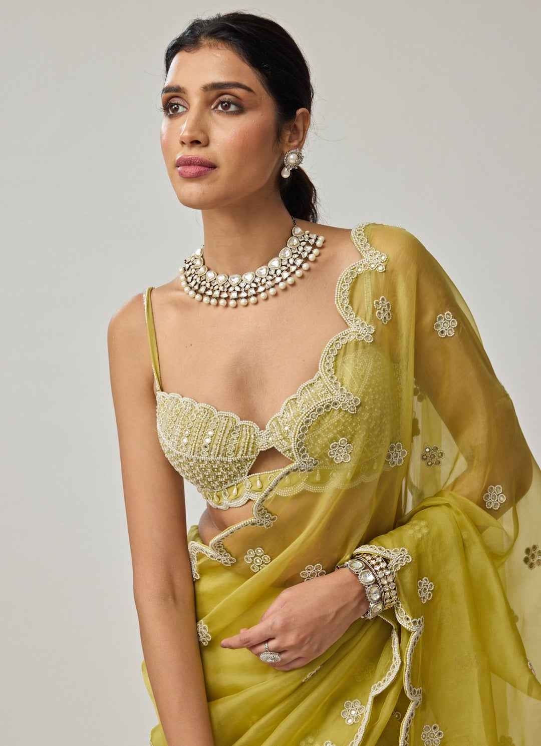 Lime Green Mirror And Pearl Embroidered Organza Saree Set Vvani by Vani Vats - Fabilicious Fashion