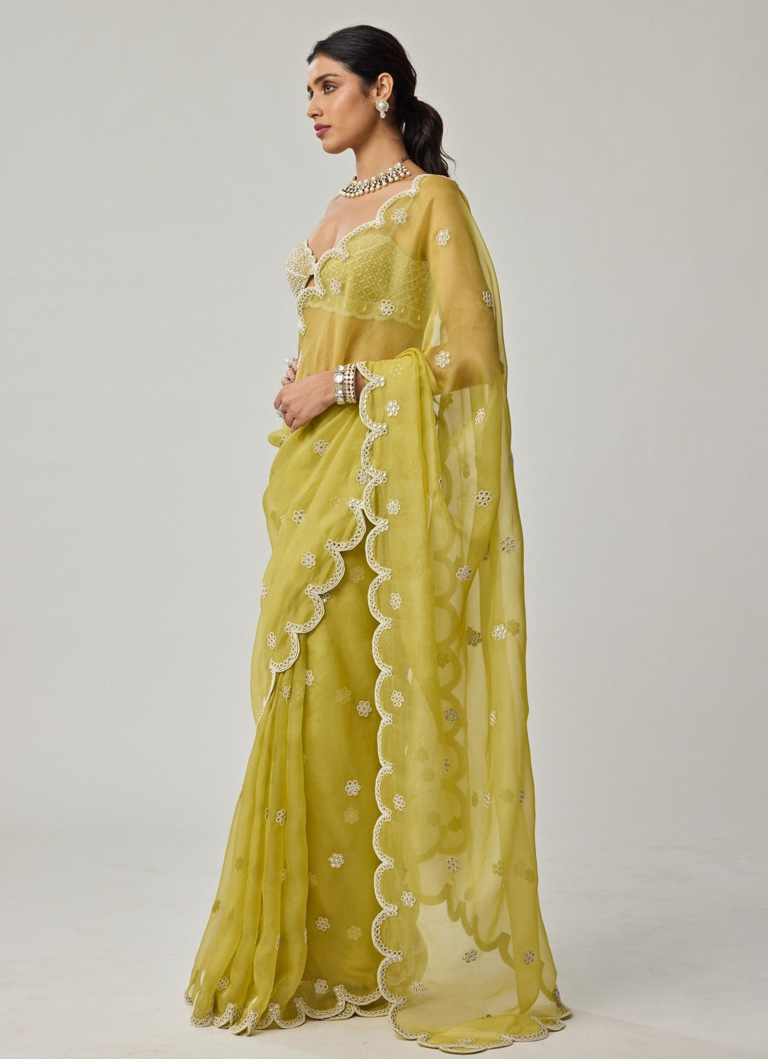 Lime Green Mirror And Pearl Embroidered Organza Saree Set Vvani by Vani Vats - Fabilicious Fashion