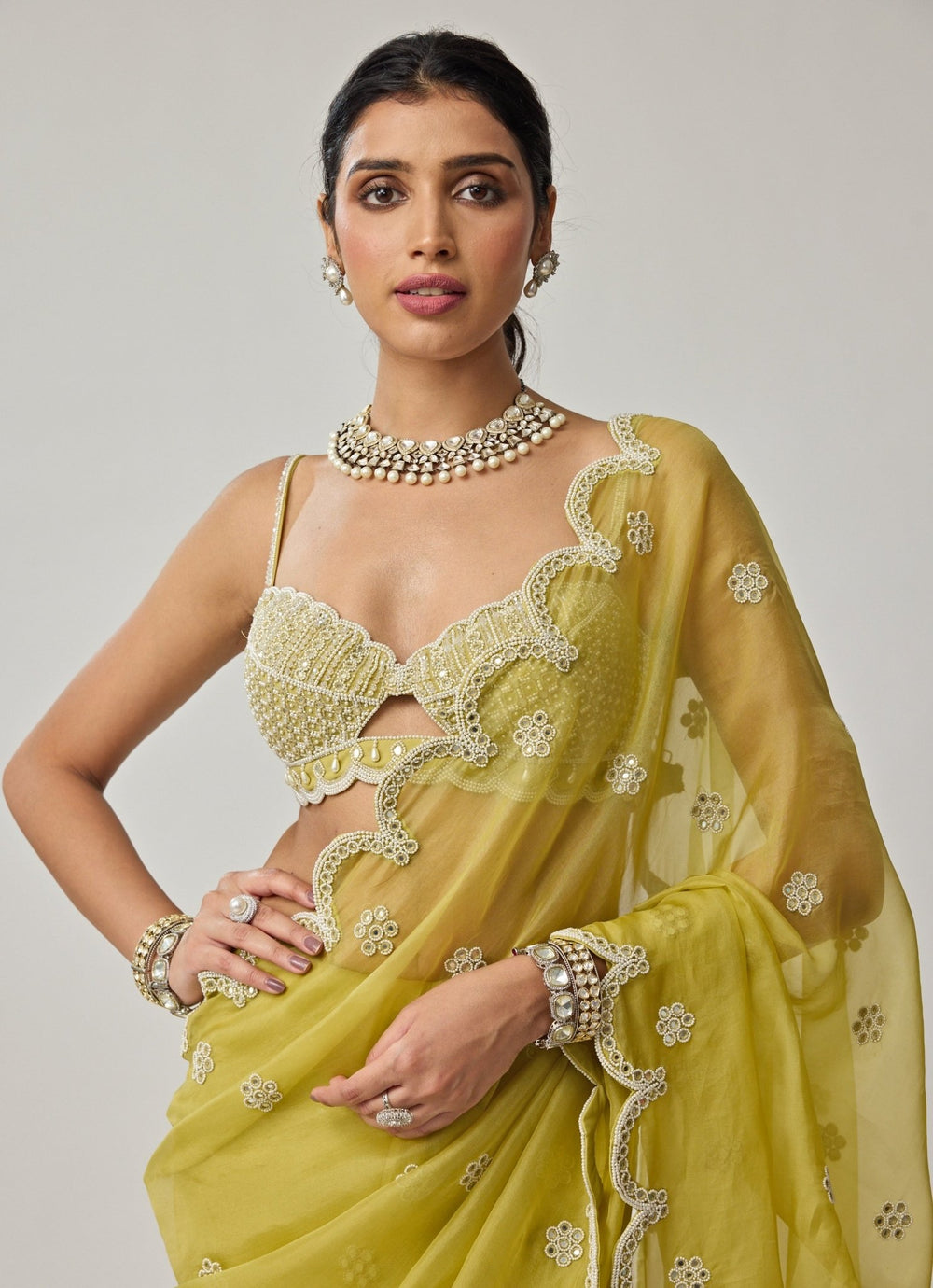 Lime Green Mirror And Pearl Embroidered Organza Saree Set Vvani by Vani Vats - Fabilicious Fashion