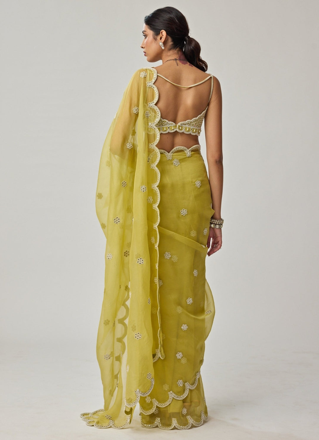 Lime Green Mirror And Pearl Embroidered Organza Saree Set Vvani by Vani Vats - Fabilicious Fashion