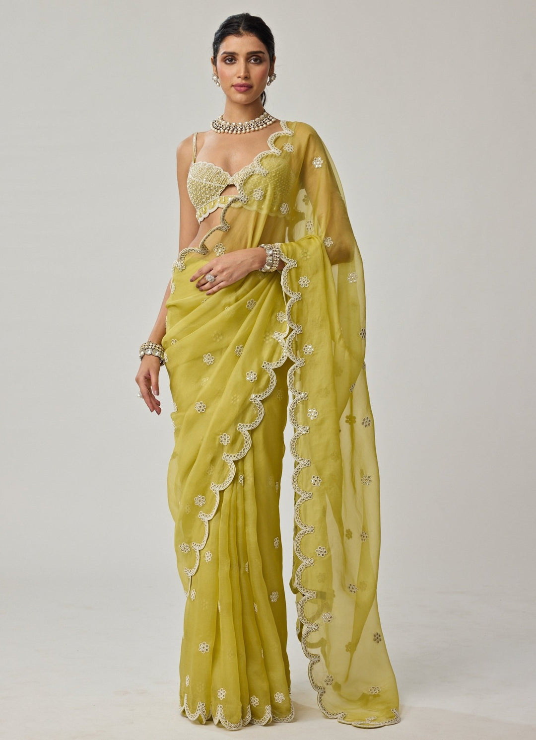 Lime Green Mirror And Pearl Embroidered Organza Saree Set Vvani by Vani Vats - Fabilicious Fashion