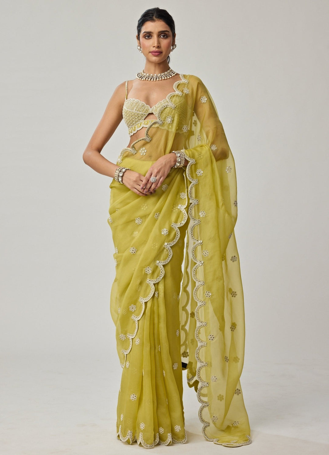 Lime Green Mirror And Pearl Embroidered Organza Saree Set Vvani by Vani Vats - Fabilicious Fashion