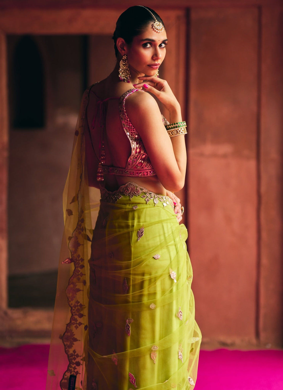 Lime Green Mirrorwork Soft Net Saree With Hot Pink Blouse Angad Singh - Fabilicious Fashion