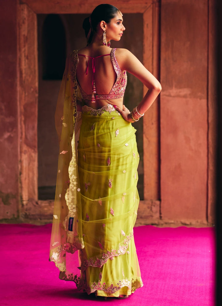 Lime Green Mirrorwork Soft Net Saree With Hot Pink Blouse Angad Singh - Fabilicious Fashion