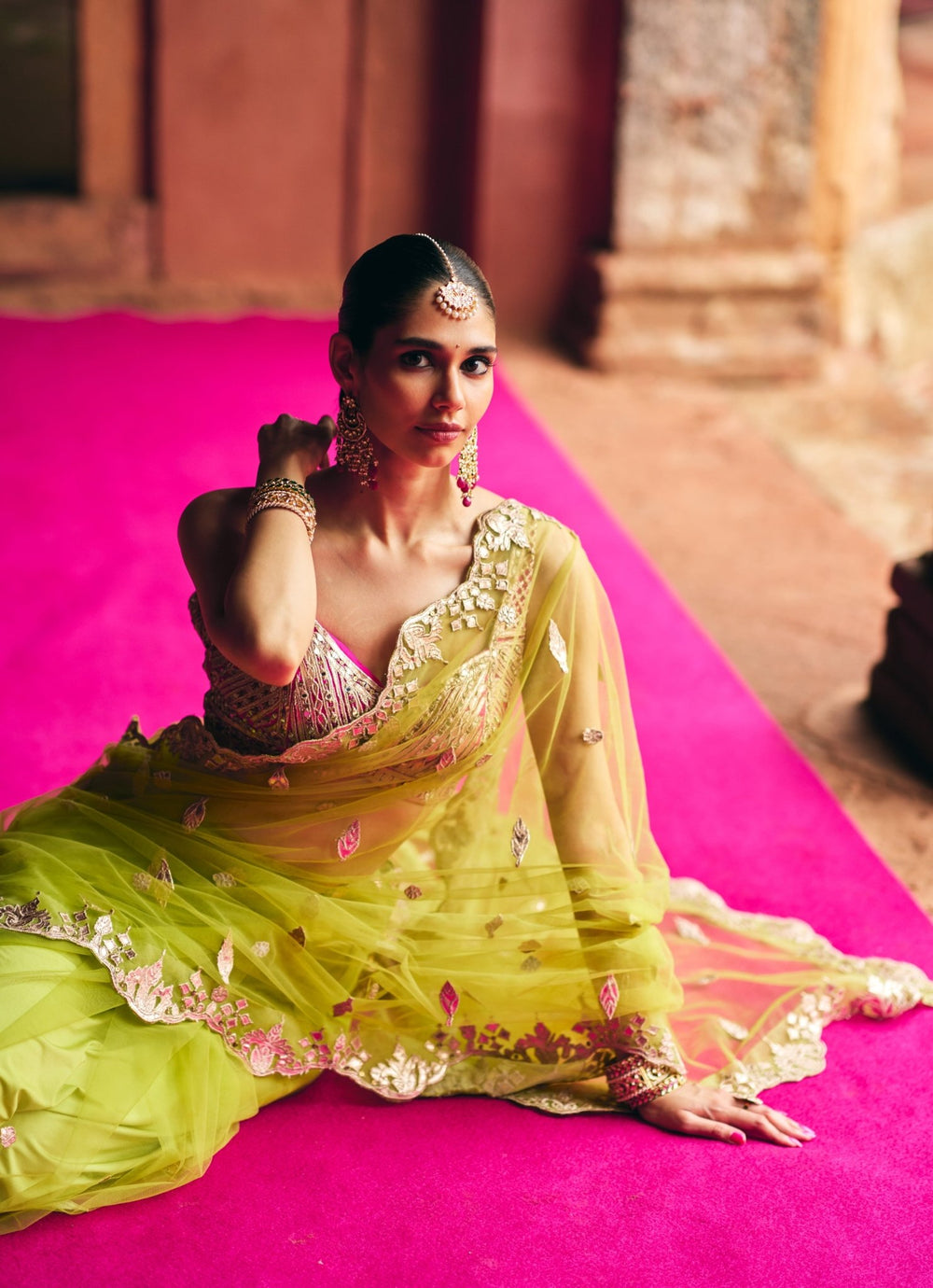 Lime Green Mirrorwork Soft Net Saree With Hot Pink Blouse Angad Singh - Fabilicious Fashion