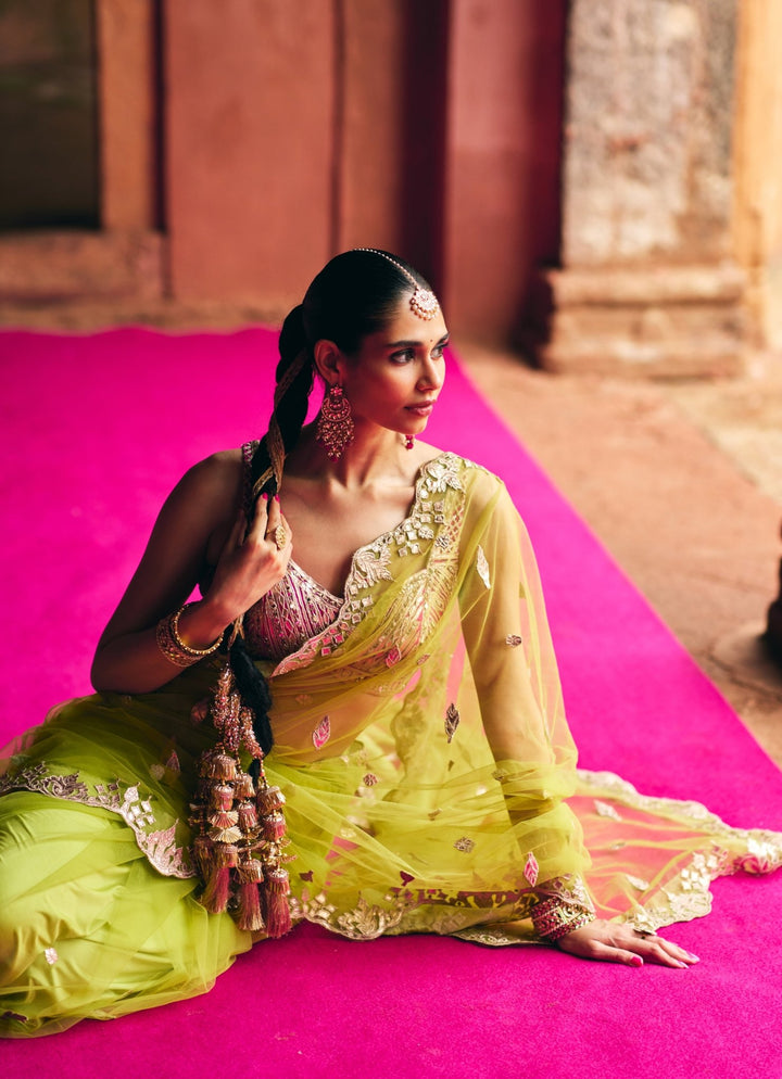 Lime Green Mirrorwork Soft Net Saree With Hot Pink Blouse Angad Singh - Fabilicious Fashion