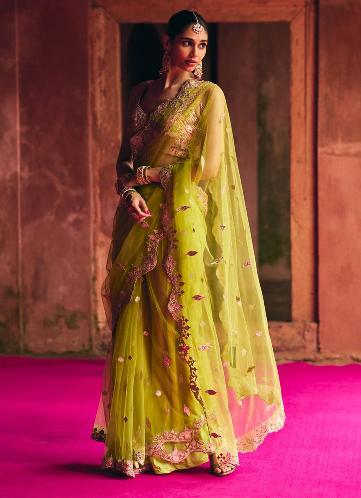 Lime Green Mirrorwork Soft Net Saree With Hot Pink Blouse Angad Singh - Fabilicious Fashion