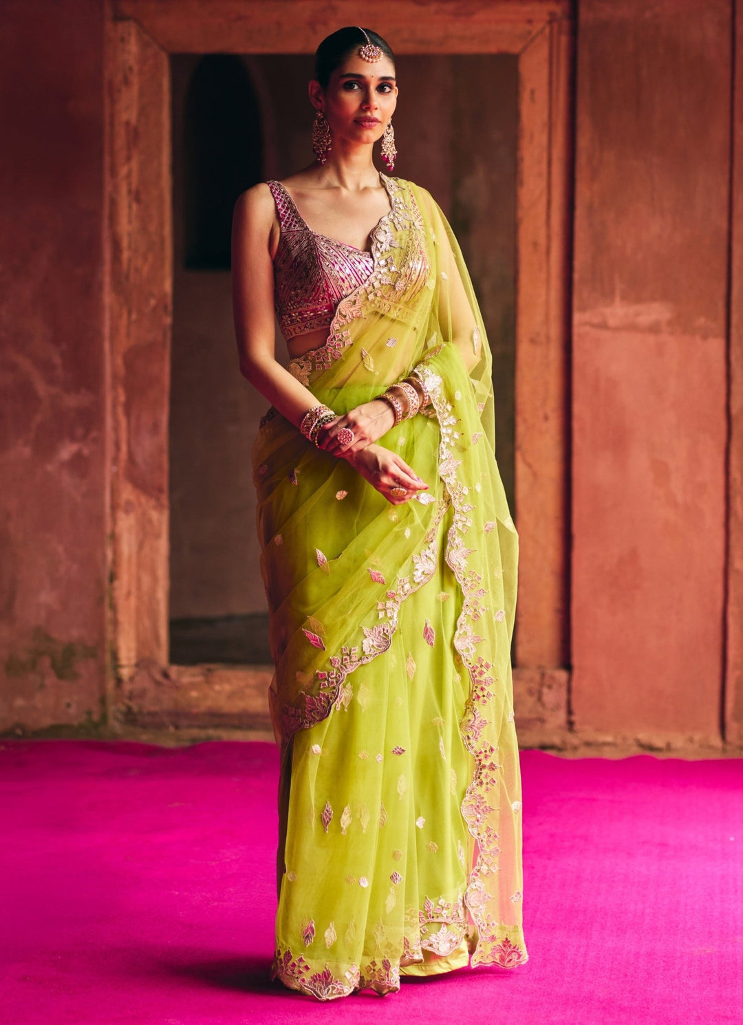 Lime Green Mirrorwork Soft Net Saree With Hot Pink Blouse Angad Singh - Fabilicious Fashion