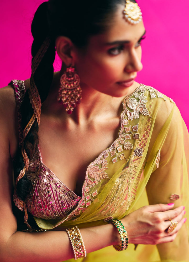 Lime Green Mirrorwork Soft Net Saree With Hot Pink Blouse Angad Singh - Fabilicious Fashion