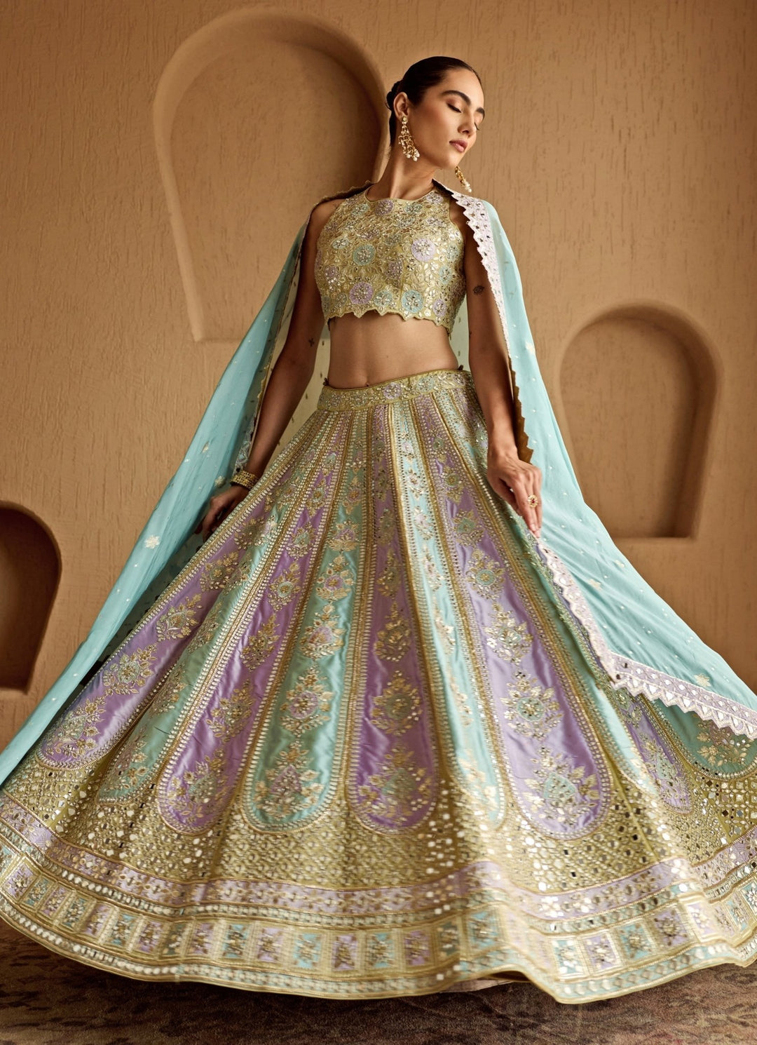 Lime Green Patch Embroidered Taffeta Lehenga Suhino - Fabilicious Fashion