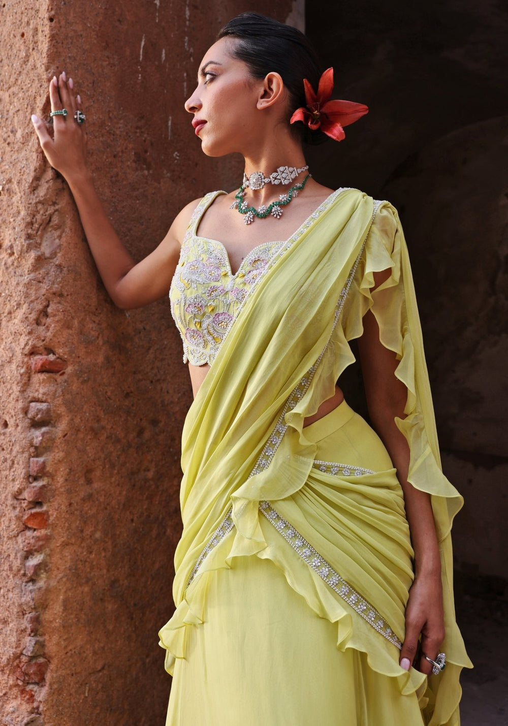 Lime Green Pre-Stitched Lehenga Saree set Seema Thukral - Fabilicious Fashion