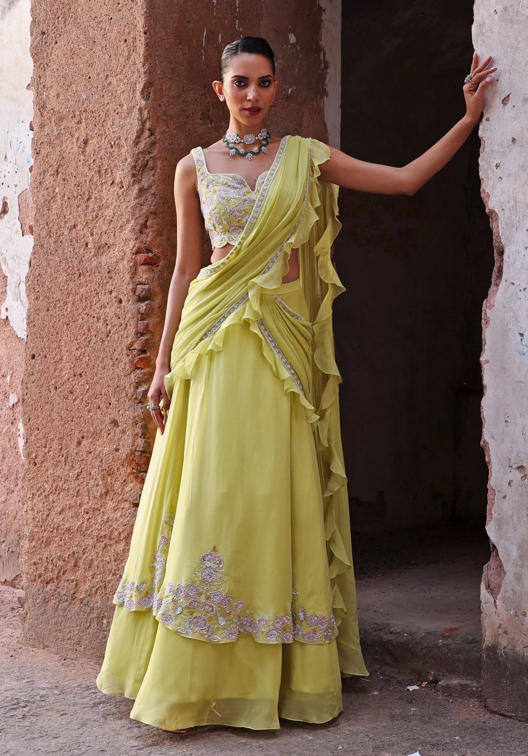 Lime Green Pre-Stitched Lehenga Saree set Seema Thukral - Fabilicious Fashion