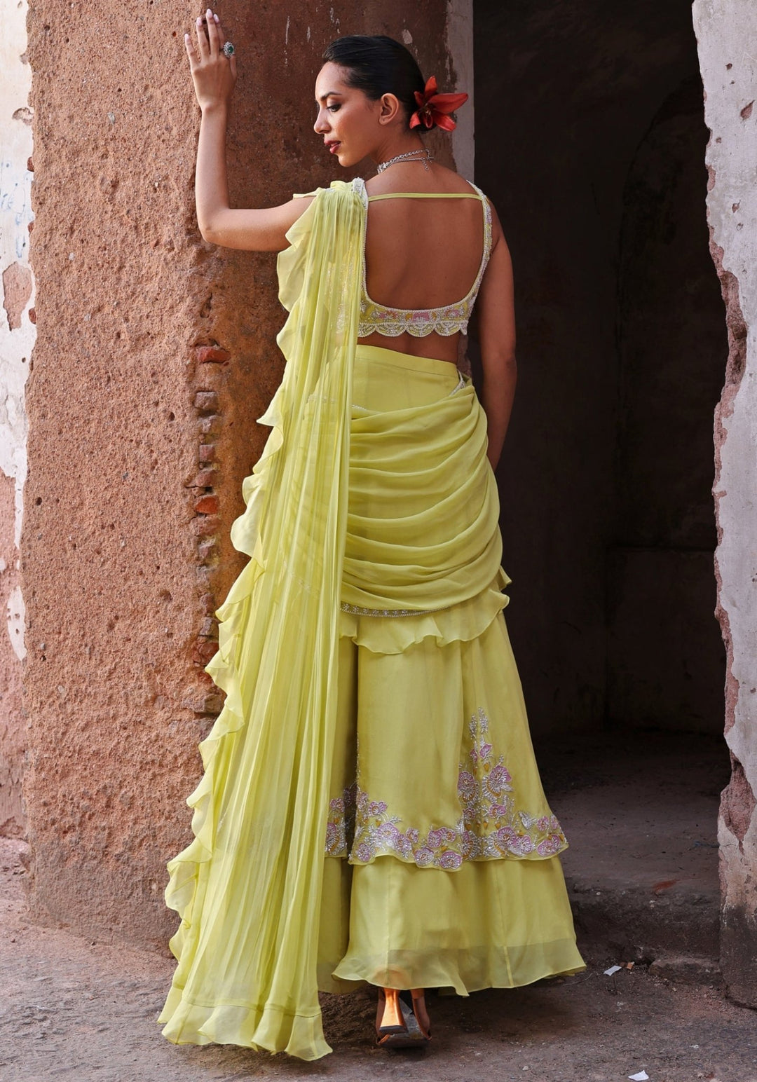 Lime Green Pre-Stitched Lehenga Saree set Seema Thukral - Fabilicious Fashion