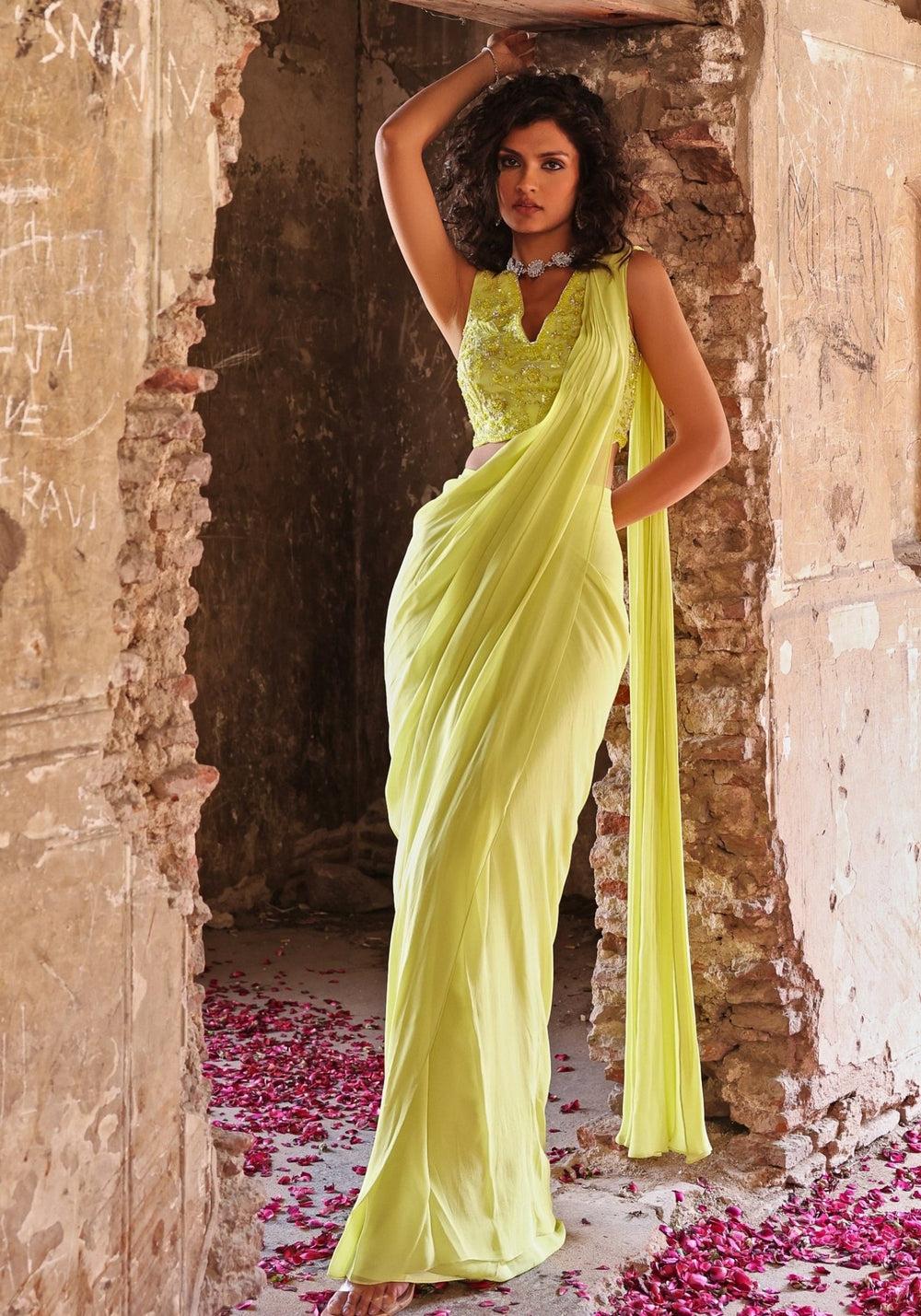 Lime Green Pre-Stitched Saree set with Jacket Seema Thukral - Fabilicious Fashion
