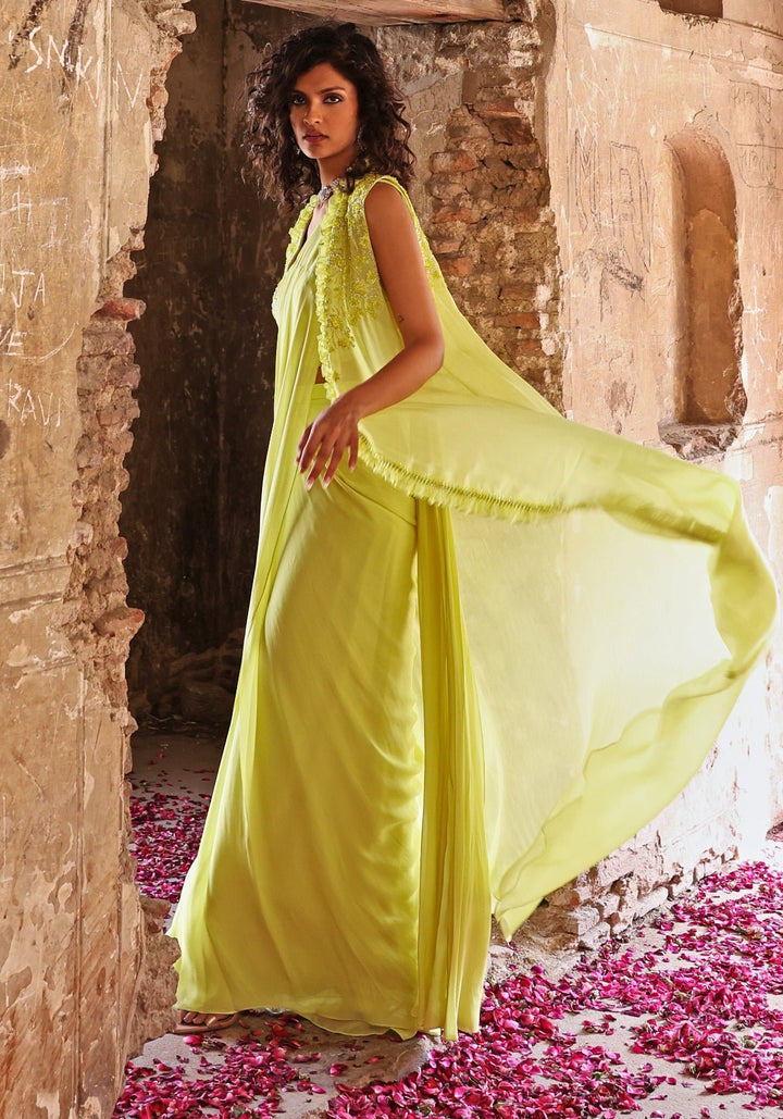 Lime Green Pre-Stitched Saree set with Jacket Seema Thukral - Fabilicious Fashion