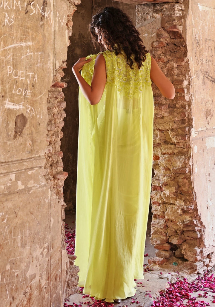 Lime Green Pre-Stitched Saree set with Jacket Seema Thukral - Fabilicious Fashion