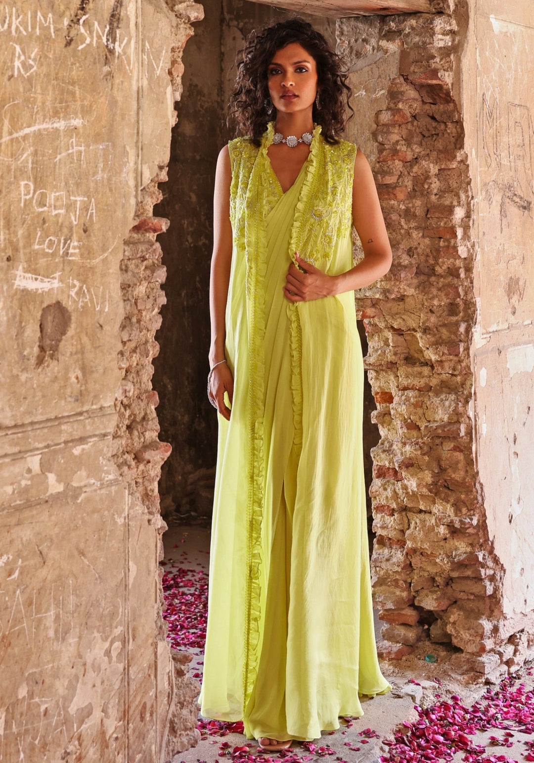 Lime Green Pre-Stitched Saree set with Jacket Seema Thukral - Fabilicious Fashion
