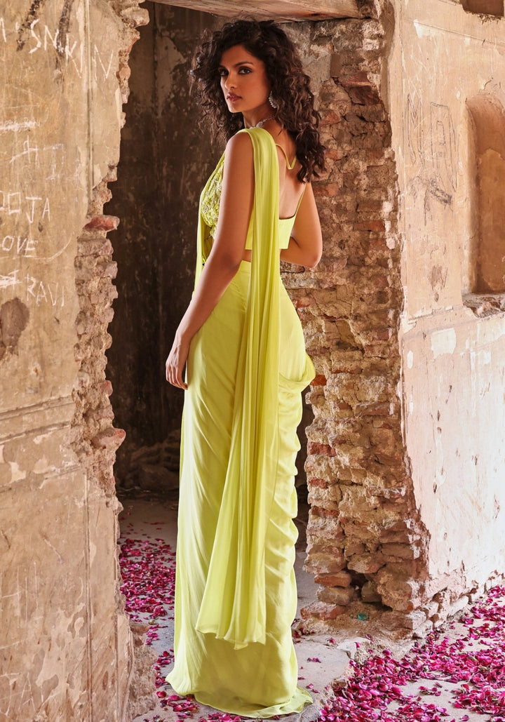 Lime Green Pre-Stitched Saree set Seema Thukral - Fabilicious Fashion