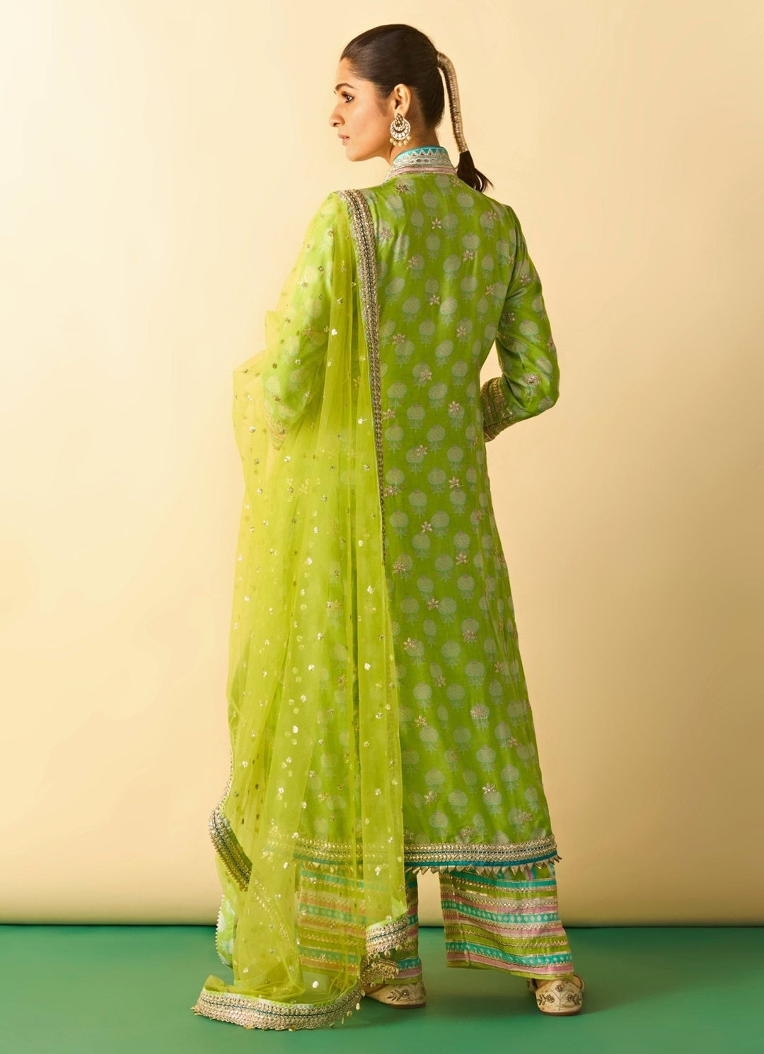 Gopi Vaid Lime Green Printed Cotton Silk Anarkali Palazzo SetFabilicious Fashion
