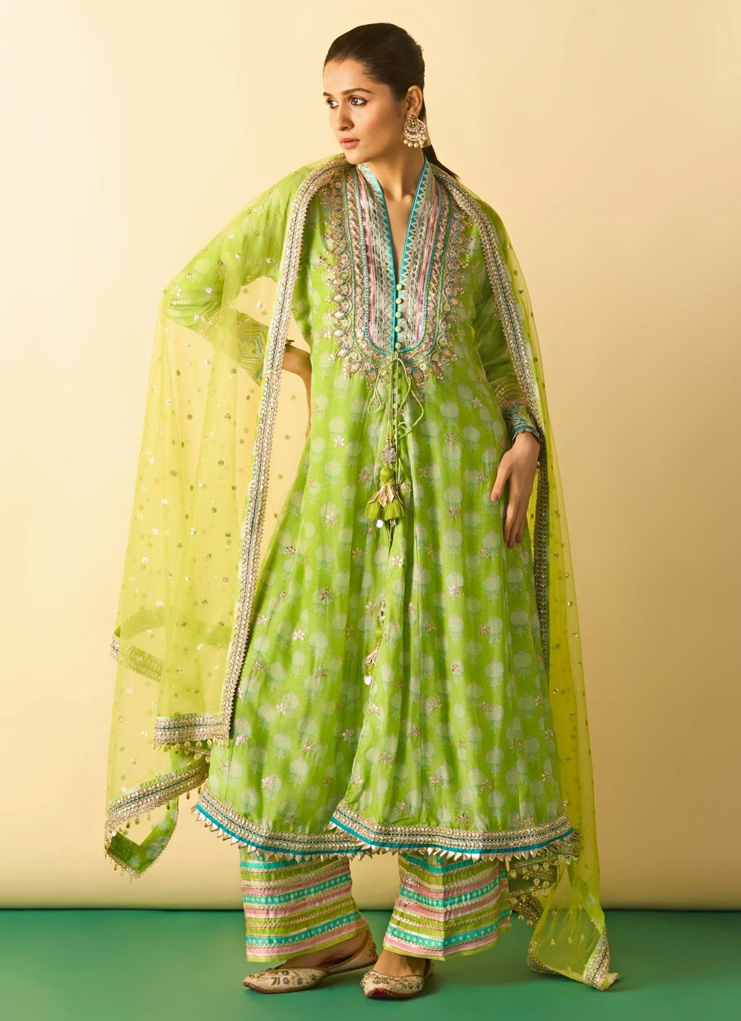 Gopi Vaid Lime Green Printed Cotton Silk Anarkali Palazzo SetFabilicious Fashion