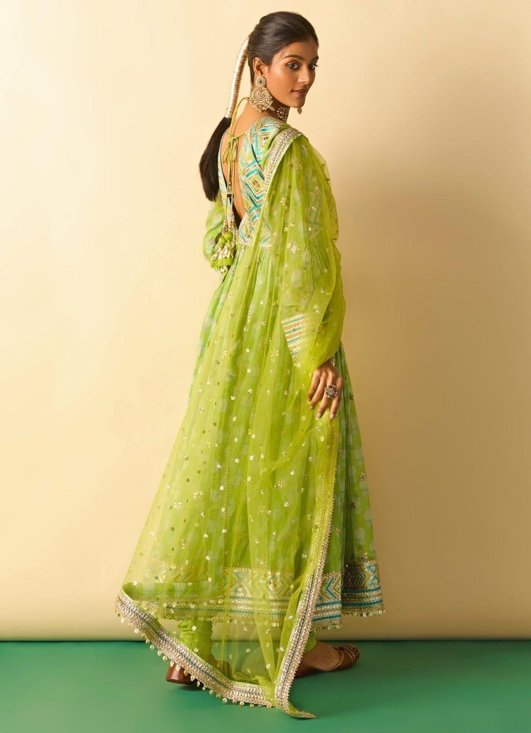 Gopi Vaid Lime Green Printed Cotton Silk Anarkali SetFabilicious Fashion