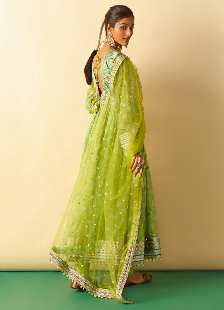 Gopi Vaid Lime Green Printed Cotton Silk Anarkali SetFabilicious Fashion