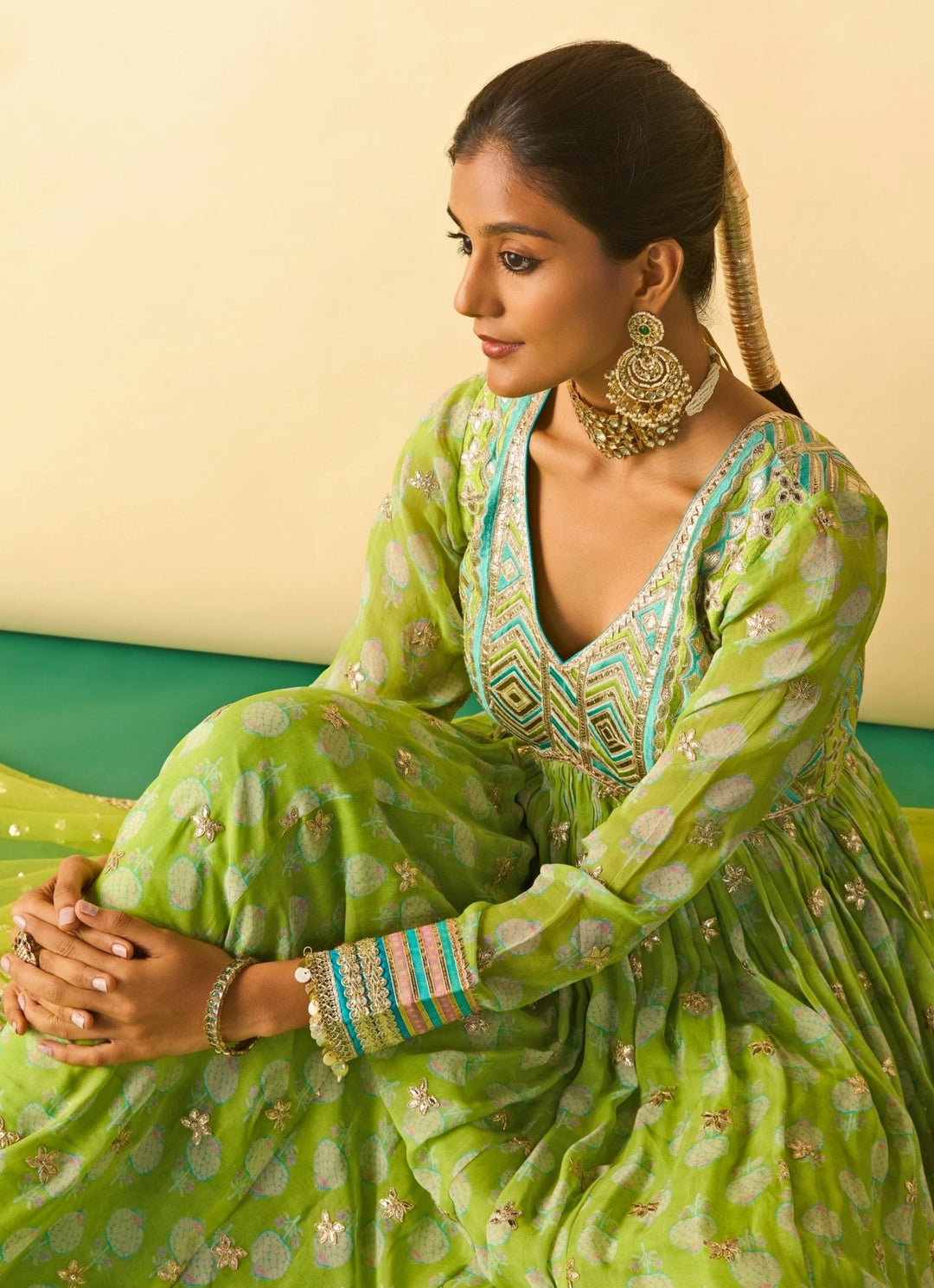 Gopi Vaid Lime Green Printed Cotton Silk Anarkali SetFabilicious Fashion