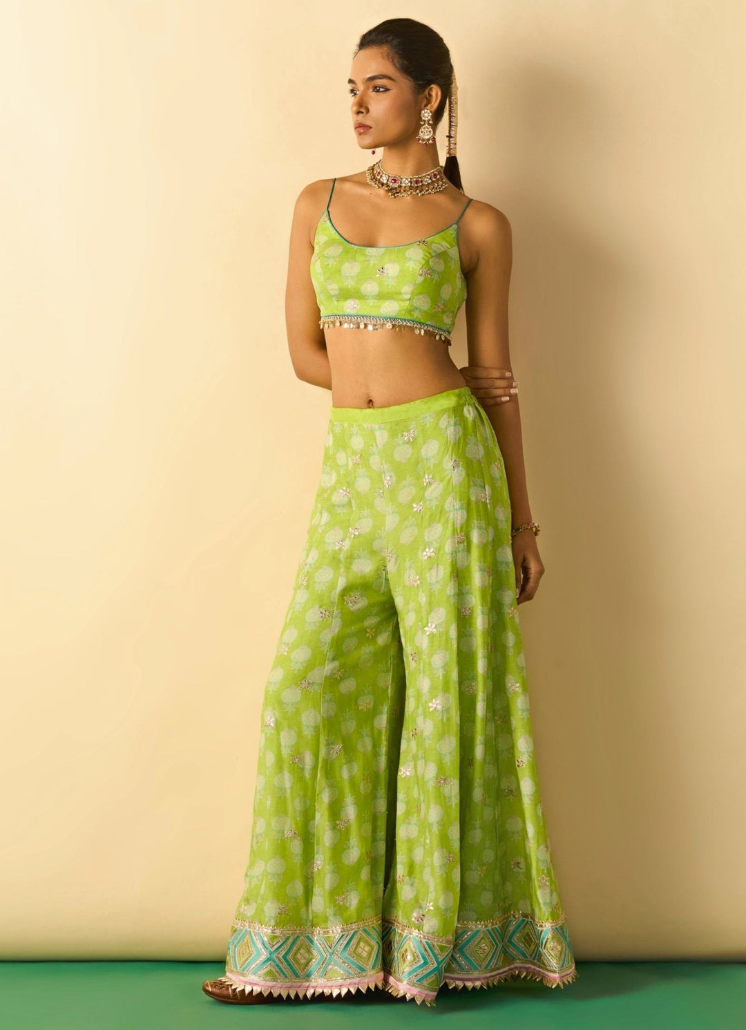 Gopi Vaid Lime Green Printed Cotton Silk Blouse Sharara Set With JacketFabilicious Fashion