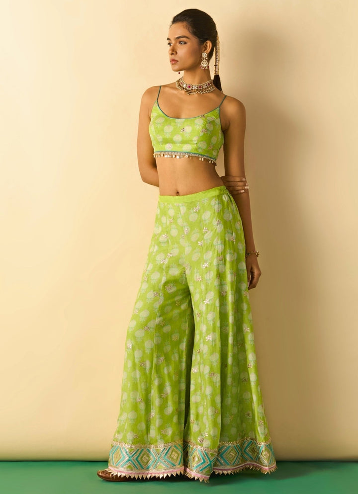 Gopi Vaid Lime Green Printed Cotton Silk Blouse Sharara Set With JacketFabilicious Fashion