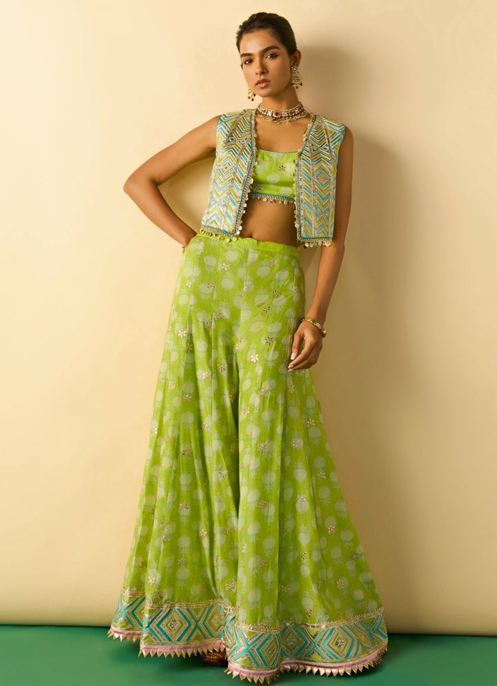 Gopi Vaid Lime Green Printed Cotton Silk Blouse Sharara Set With JacketFabilicious Fashion