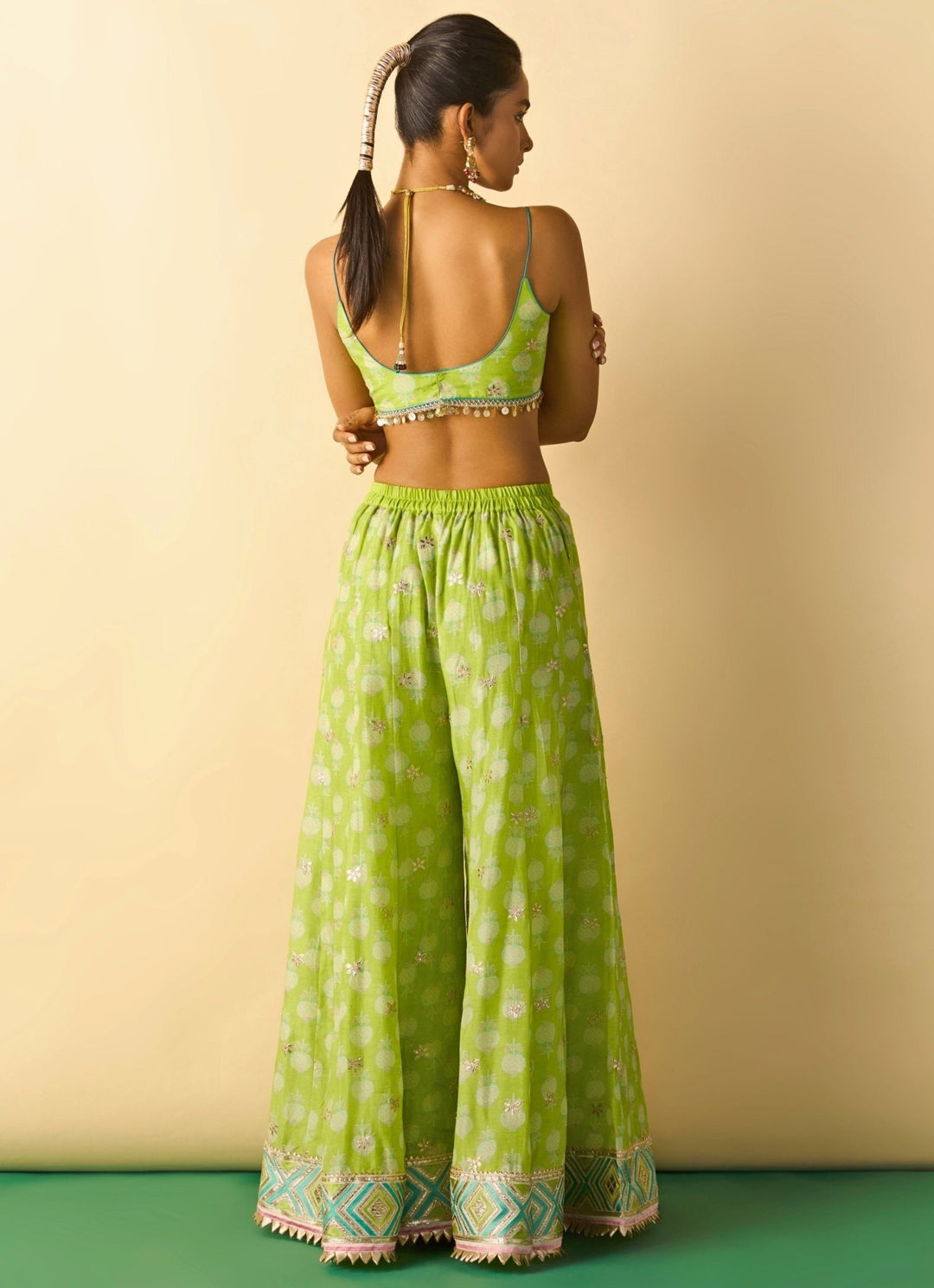 Gopi Vaid Lime Green Printed Cotton Silk Blouse Sharara Set With JacketFabilicious Fashion