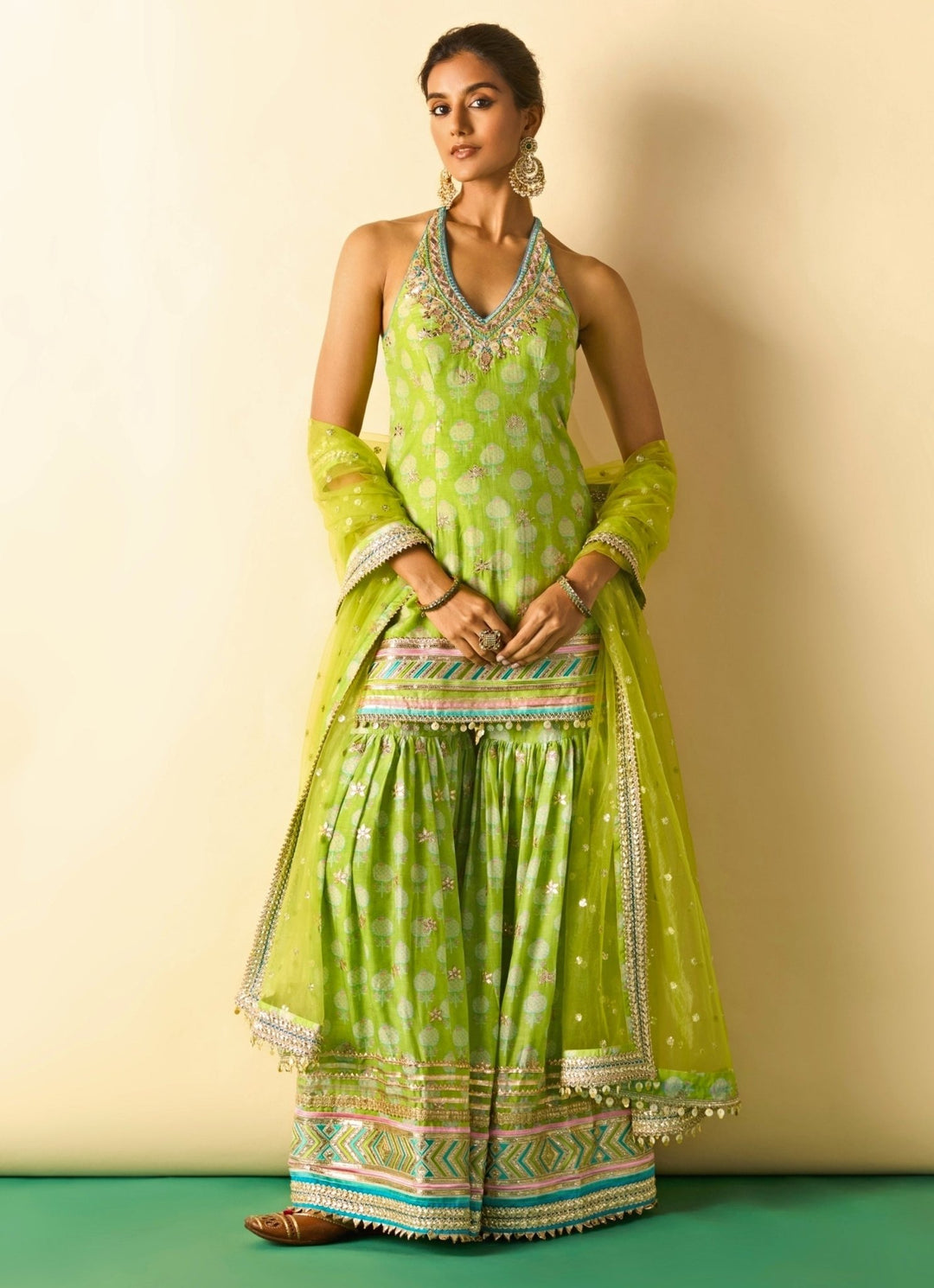 Gopi Vaid Lime Green Printed Cotton Silk Halter Kurta Sharara SetFabilicious Fashion