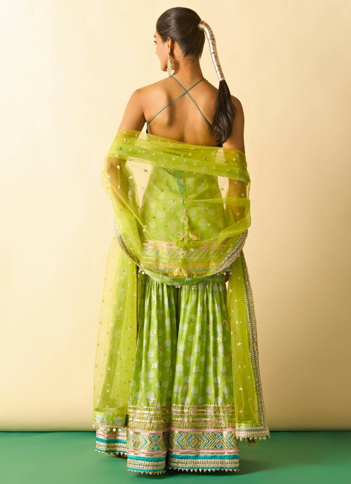 Gopi Vaid Lime Green Printed Cotton Silk Halter Kurta Sharara SetFabilicious Fashion