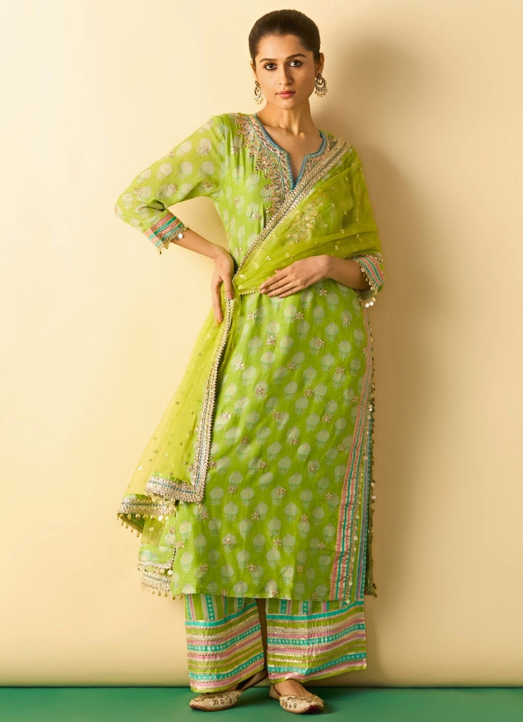 Gopi Vaid Lime Green Printed Cotton Silk Kurta Pants SetFabilicious Fashion
