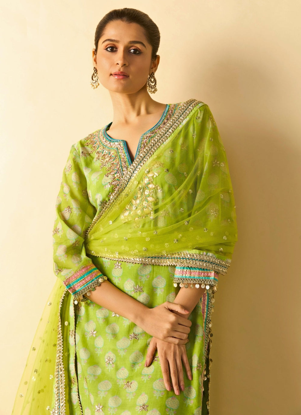 Gopi Vaid Lime Green Printed Cotton Silk Kurta Pants SetFabilicious Fashion